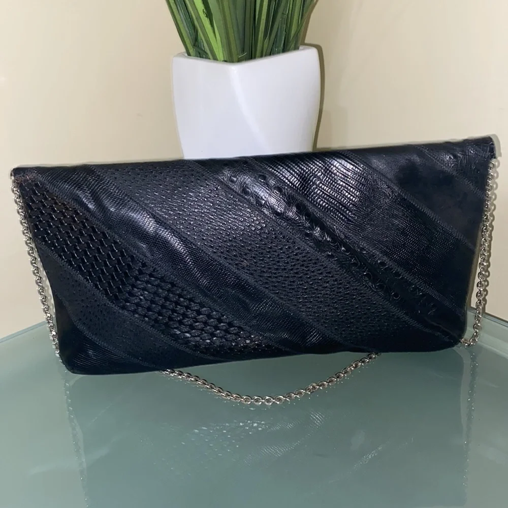 Vintage Caprice Black Leather Clutch with Gold Chain Strap Retail $299